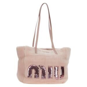 Miu Miu Pink Shearling Sequin Logo Tote with Pouch
